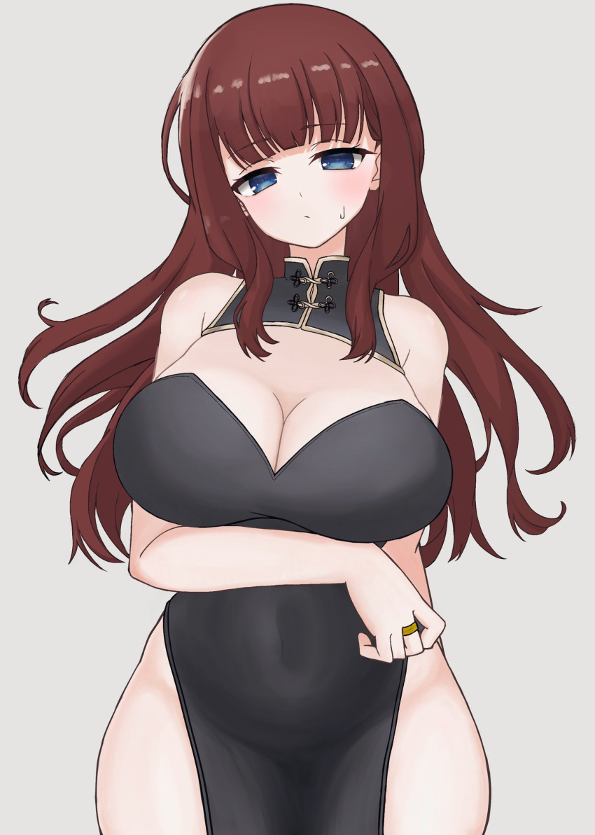 1girl arm_behind_back arm_under_breasts assault_lily bare_arms bare_shoulders black_dress blue_eyes blunt_bangs blush breasts brown_hair china_dress chinese_clothes cleavage cleavage_cutout closed_mouth clothing_cutout covered_navel cowboy_shot dress grey_background highres jewelry kaede_johan_nouvel large_breasts long_hair looking_at_viewer pelvic_curtain ring side_slit sidelocks simple_background sleeveless sleeveless_dress solo standing sweatdrop ueda_(ueeeeeeeee1006) wavy_hair