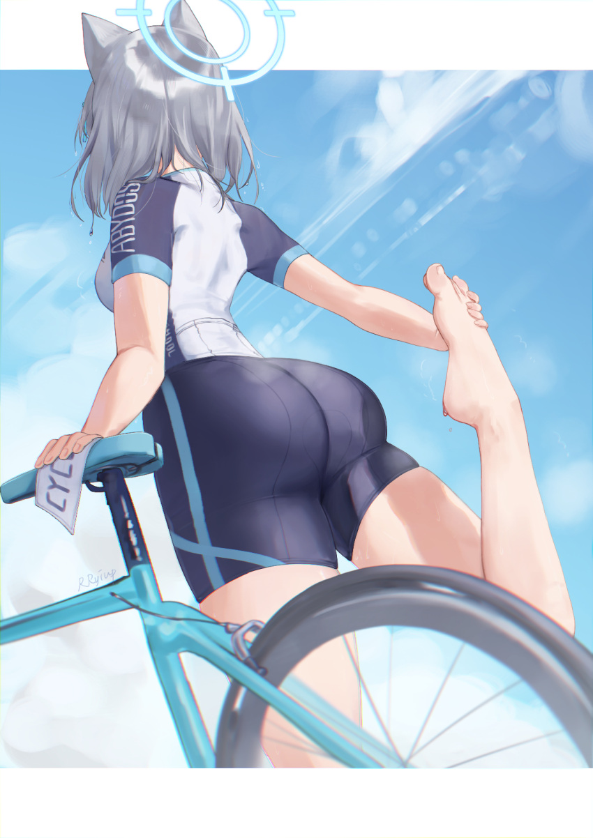 1girl animal_ears ass barefoot bicycle bike_shorts blue_archive blue_sky breasts cloud cycling_uniform day facing_away from_behind grey_hair halo highres letterboxed medium_breasts rryiup shiroko_(blue_archive) shiroko_(cycling)_(blue_archive) sky solo stretching sweat thighs wolf_ears