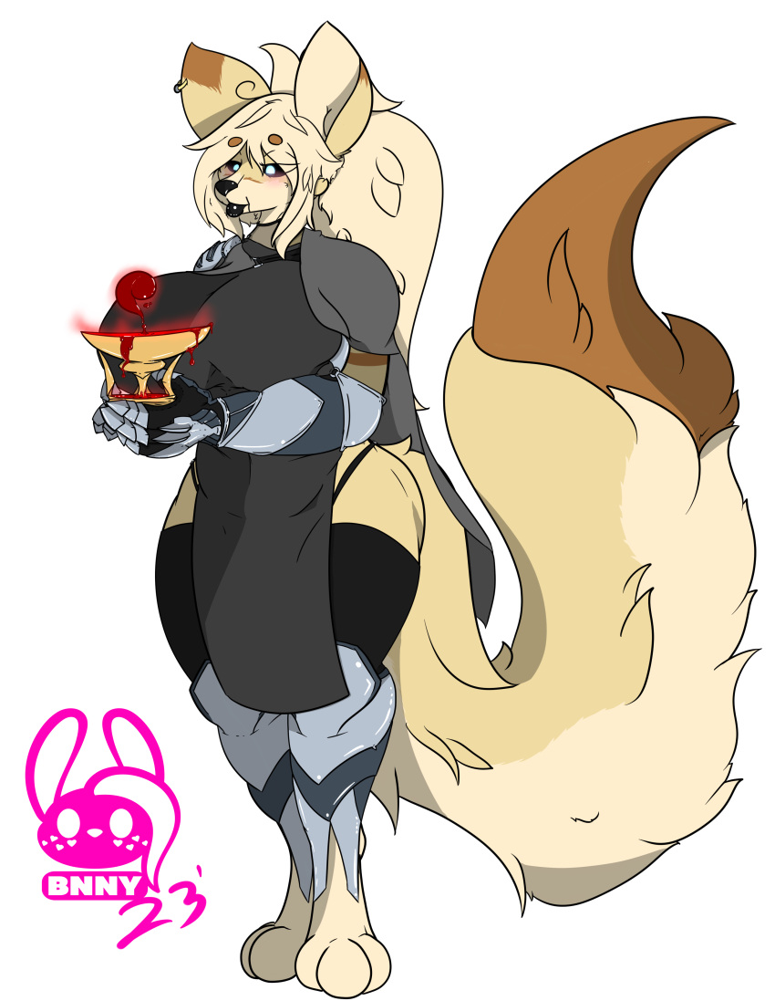 absurd_res armor big_breasts black_sclera blood bodily_fluids breasts calacirya_dhalia_(succubusbnny) canid canine clothing container cup digitigrade_paws fox fur goblet hair hi_res long_hair magic mammal muscular standing succubusbnny wide_hips yellow_body yellow_fur