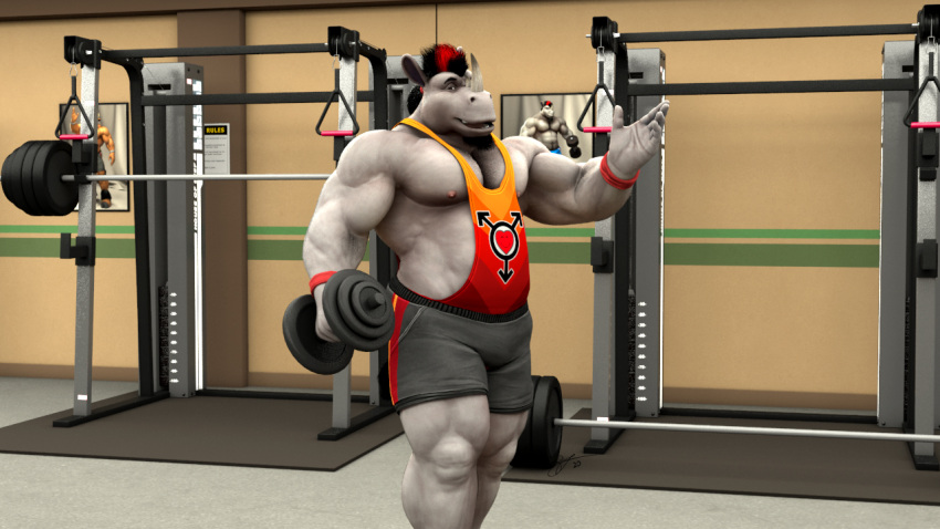 &lt;3 2020 3d_(artwork) abs anthro barbell biceps black_hair bottomwear braford chuck_(braford) clothing digital_media_(artwork) dumbbell facial_hair facial_horn fur gender_symbol gesture goatee grey_body grey_bottomwear grey_clothing grey_fur grey_shorts gym gym_bottomwear gym_clothing gym_shorts hair holding_weights horn looking_at_viewer machine male male_symbol mammal multicolored_clothing multicolored_shirt multicolored_tank_top multicolored_topwear musclegut muscular muscular_anthro muscular_male muscular_thighs nipples nose_horn obliques orange_clothing orange_shirt orange_tank_top orange_topwear ponytail poster red_clothing red_hair red_shirt red_tank_top red_topwear rhinoceros shirt shorts solo symbol tank_top topwear waving waving_at_viewer weights wristband yellow_clothing yellow_shirt yellow_tank_top yellow_topwear