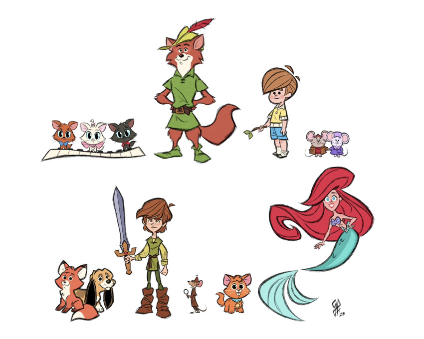 2023 anniversary anthro ariel_(disney) basil_(disney) berlioz_(aristocats) bernard_(the_rescuers) biped black_body black_fur bloodhound blue_bottomwear blue_clothing blue_sclera blue_shorts boots bottomwear brown_boots brown_clothing brown_footwear brown_hair brown_hat brown_headwear canid canine canis chest_tuft christopher_robin clothed clothing collar collar_only copper_(fath) dipstick_ears dipstick_tail disney domestic_cat domestic_dog felid feline felis female feral footwear fox fox_and_the_hound fully_clothed fur green_clothing green_hat green_headwear grey_body grey_fur group gustavo_freire hair hand_in_pocket hands_on_hips hat hat_feather head_tuft headgear headwear hi_res holding_magnifying_glass holding_object holding_stick holding_sword holding_weapon human hunting_dog keyboard_instrument large_group legless long_hair looking_at_viewer loose_feather magnifying_glass male mammal marie_(aristocats) marine markings melee_weapon merfolk miss_bianca_(the_rescuers) mouse multicolored_ears murid murine musical_instrument musical_keyboard nude oliver_(disney) oliver_and_company orange_body orange_fur pockets quadruped red_body red_fur red_hair robin_hood robin_hood_(disney) rodent round_ears scent_hound seashell_bra shirt shorts simple_background split_form stick sword tail tail_markings taran_(disney) the_aristocats the_black_cauldron the_great_mouse_detective the_little_mermaid_(1989) the_rescuers_(disney) tod_(fath) topwear toulouse_(aristocats) tuft weapon whiskers white_background white_body white_fur winnie_the_pooh_(franchise) yellow_clothing yellow_shirt yellow_topwear