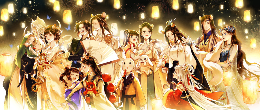 6+boys 6+girls absurdres animal bald bird black_hair brown_hair carrying chinese_clothes female_child fireworks folding_fan fox hand_fan hanfu highres holding holding_animal holding_stuffed_toy lantern long_hair male_child multiple_boys multiple_girls night outdoors paper_lantern parrot rabbit sky_lantern smile stuffed_animal stuffed_tiger stuffed_toy tiger very_long_hair white_hair xialuo_yingling yi_meng_jianghu