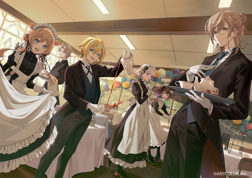 3boys 3girls animal_ears artist_request black_dress black_footwear black_jacket black_pants blazer blonde_hair blue_eyes blue_vest brown_hair butler cup deer_ears dress eli_conifer elu_(nijisanji) frilled_dress frills glasses gloves grey_eyes half_updo hana_macchia jacket juliet_sleeves kaida_haru kanae_(nijisanji) long_dress long_hair long_sleeves maid maid_headdress medium_hair multiple_boys multiple_girls necktie nijisanji official_art open_mouth pants pink_eyes pointy_ears puffy_sleeves round_eyewear short_hair sleeve_cuffs smile tea teacup twintails uzuki_kou vest white_gloves white_hair