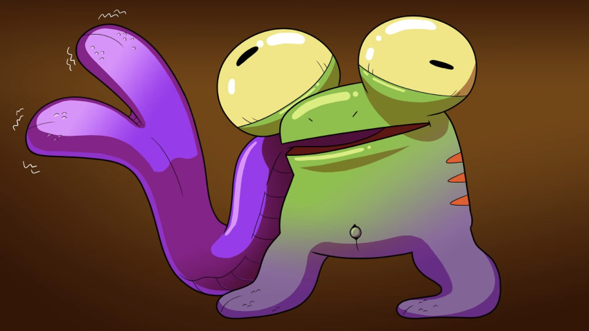 ambiguous_gender amphibian anthro drawfee drawfee_(copyright) forked_tongue green_body green_skin hi_res jacob_andrews long_tongue navel solo striped_body stripes tongue tongue_out