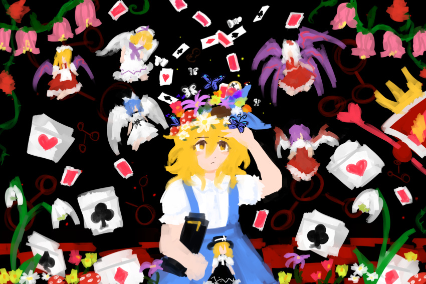 6+girls alice_in_wonderland alice_margatroid alice_margatroid_(pc-98) black_headwear blonde_hair blue_dress blue_hair blue_hairband blue_ribbon book bug butterfly card dress flower hair_flower hair_ornament hairband highres holding holding_book long_hair louise_(touhou) mai_(touhou) multiple_girls mystic_square playing_card red_dress ribbon sara_(touhou) shinki_(touhou) short_hair side_ponytail sitting touhou touhou_(pc-98) user_wgkl2284 white_dress white_hair wings yellow_eyes yuki_(touhou)