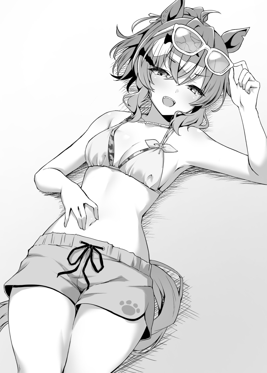 1girl absurdres adjusting_eyewear ahoge animal_ears armpits bare_shoulders bikini bikini_shorts breasts cleavage commentary_request crack cracked_glass drawstring ear_piercing eyewear_on_head greyscale hair_between_eyes hair_ornament hairclip hand_on_own_stomach highres horse_ears horse_girl jungle_pocket_(tobuze_hot_summer!)_(umamusume) jungle_pocket_(umamusume) layered_bikini lying medium_hair messy_hair midriff monochrome navel notched_ear official_alternate_costume official_alternate_hairstyle on_back piercing ponytail ryochapu short_shorts shorts sideboob solo summer's_sunlight_fades_to_blue_(umamusume) sunglasses swimsuit umamusume