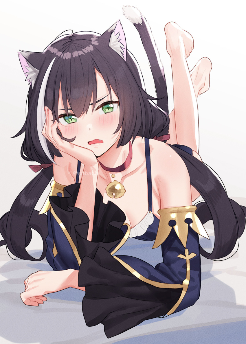 1girl absurdres animal_ear_fluff animal_ears barefoot bell black_hair blush breasts cat_ears cat_girl cat_tail choker cleavage commentary_request detached_sleeves fang feet_up green_eyes head_rest highres jingle_bell karyl_(princess_connect!) long_hair long_sleeves looking_at_viewer lying multicolored_hair neck_bell on_stomach open_mouth princess_connect! red_choker solo streaked_hair subachi tail tail_raised the_pose twintails white_background white_hair wide_sleeves