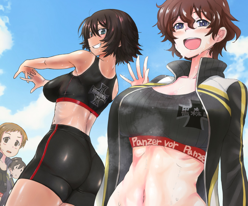 4girls :&lt; akaboshi_koume ass bike_shorts black_jacket black_shorts black_sports_bra blue_eyes blue_sky brown_hair clothes_writing cloud cloudy_sky commentary day emblem english_text from_behind german_text girls_und_panzer grin half-closed_eyes highres interlocked_fingers itsumi_erika's_loader jacket kojima_emi kuromorimine_(emblem) long_hair looking_at_viewer looking_back mauko_(girls_und_panzer) midriff multiple_girls nabeyu navel open_clothes open_jacket open_mouth outdoors own_hands_together ponytail short_hair shorts single_vertical_stripe sky smile solid_oval_eyes sports_bra sportswear standing stretching sweat sweatdrop tan tanlines track_jacket very_long_hair waving wavy_hair