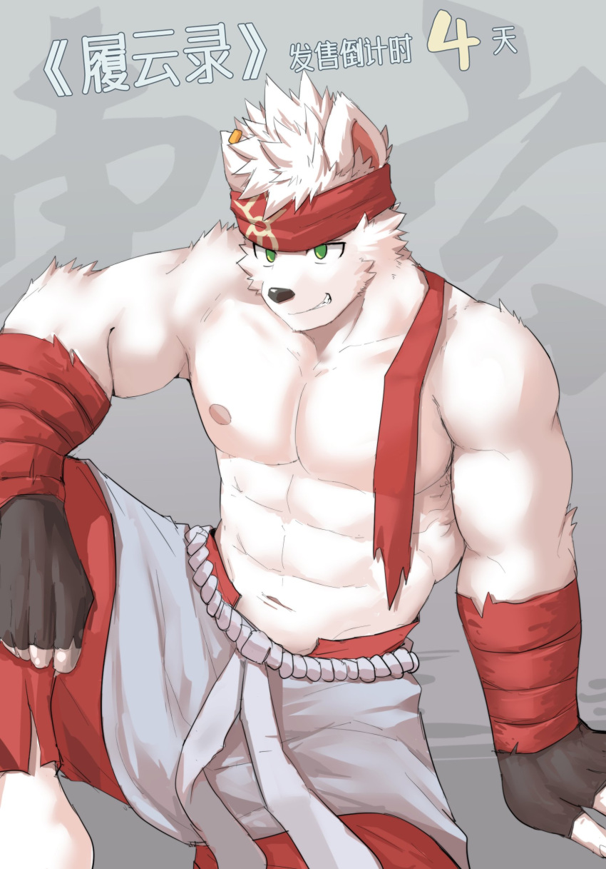 abs anthro biceps bottomwear canid canine canis clothing domestic_dog ear_piercing fingerless_gloves fur gloves green_eyes grin hair handwear hi_res male mammal muscular muscular_male nipples pants pecs piercing shirtless_male simple_background smile solo white_body white_fur zoharwolf