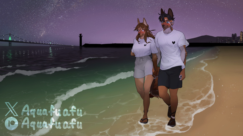 absurd_res african_wild_dog anthro aquafuafu beach bird_dog blush bridge calix7994 canid canine canis city city_background city_lights clothing couple_t-shirt domestic_dog duo female footwear glamorous herding_dog hi_res hunting_dog hybrid jackal lenka_(janjin192) male male/female mammal muscular night pastoral_dog purple_background retriever romantic romantic_couple sandals sea seaside shoreline simple_background sky smile star starry_sky summer water wave wide_hips wide_shoulders wind