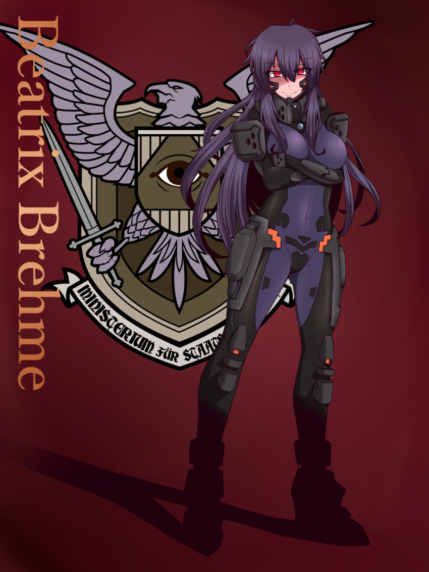 1girl arms_under_breasts beatrix_bremer black_hair bodysuit boots breasts character_name closed_mouth commentary_request crossed_arms emblem fortified_suit full_body german_text grey_bodysuit hair_between_eyes highres kuri_dora large_breasts long_bangs long_hair looking_at_viewer muv-luv muv-luv_alternative red_background red_eyes schwarzesmarken shaded_face skin_tight smile solo standing stasi sword very_long_hair weapon