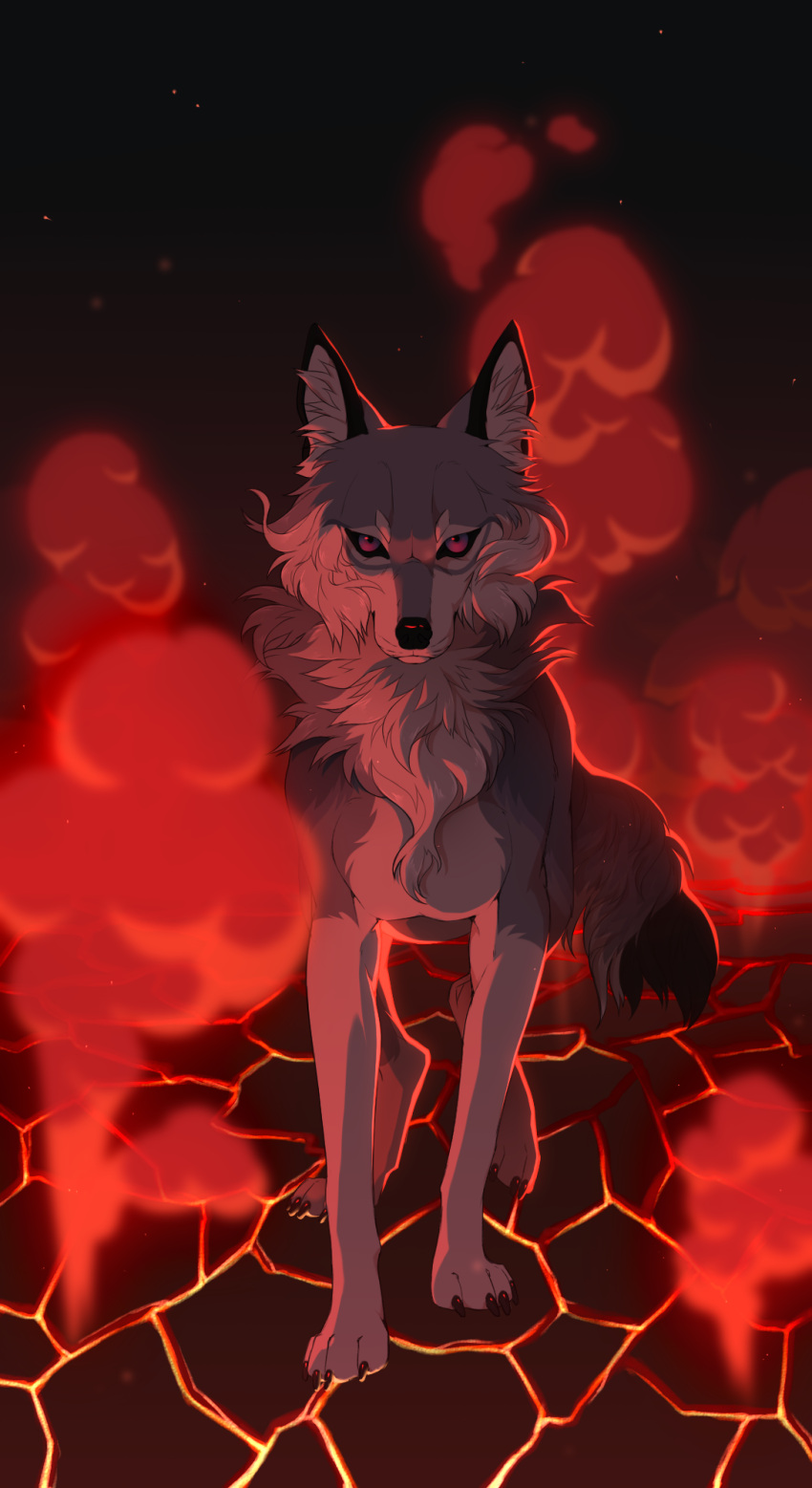 1:2 2023 a.o.kigahara black_nose blue_eyes burn burning canid canine canis claws colored detailed detailed_background digital_drawing_(artwork) digital_media_(artwork) digital_painting_(artwork) feral fire fog fur glowing glowing_eyes grey_body grey_fur hi_res lava line_art looking_at_viewer male mammal serious_face shaded solo tail white_body white_fur wiegmannor wolf