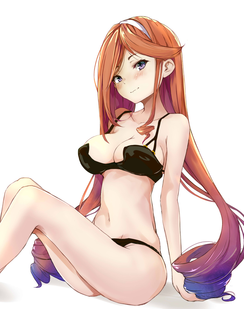 1girl absurdres ass bare_arms bare_legs bare_shoulders bikini black_bikini blush breasts cleavage closed_mouth collarbone feet_out_of_frame gradient_hair hairband highres kantai_collection large_breasts long_hair multicolored_hair orange_hair purple_eyes rizzl simple_background smile solo swimsuit white_background white_hairband yuugure_(kancolle)