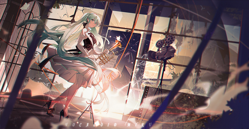 absurdres ahoge bare_shoulders black_footwear black_shirt blue_eyes blue_hair breasts character_name closed_mouth collared_shirt detached_sleeves floating_clothes floating_hair from_side full_body hair_between_eyes hatsune_miku high_heels highres holding holding_instrument indoors instrument krao long_hair long_skirt looking_at_viewer medium_breasts music_stand pleated_skirt sheet_music shirt sidelocks skirt sleeveless sleeveless_shirt smile thighhighs trumpet twintails very_long_hair video_camera vocaloid white_skirt white_sleeves white_thighhighs