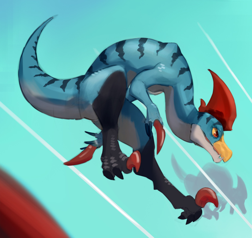 absurd_res anthro bird_wyvern capcom claws head_crest hi_res jumping male monster_hunter red_claws red_crest red_eyes simple_background solo speed_lines stripes toe_claws velociprey wiosvikulan