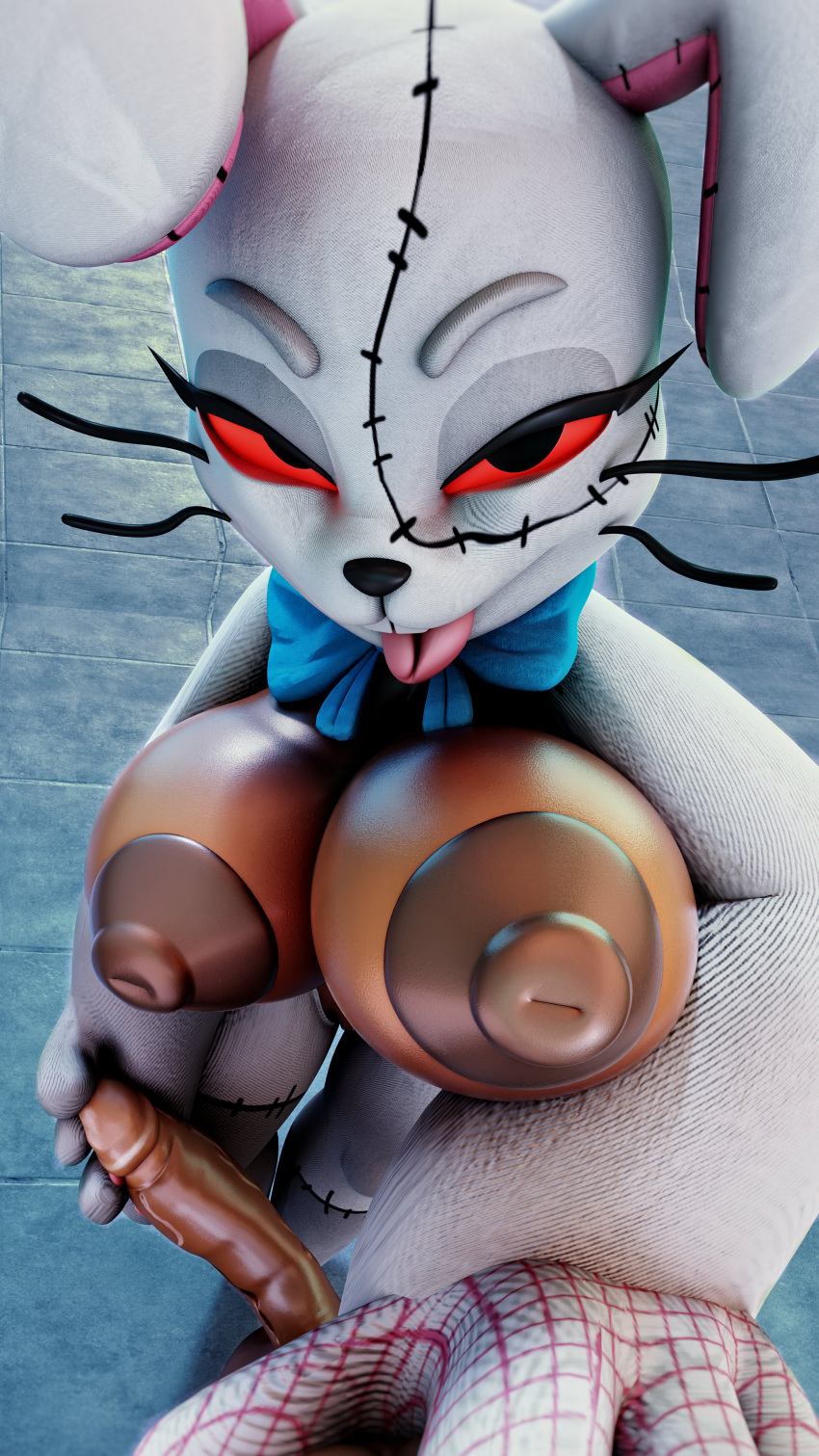 2021 absurd_res anthro areola bedroom_eyes big_areola big_breasts big_penis black_eyes black_nose blue_bow_tie breasts buckteeth duo female female_focus first_person_view five_nights_at_freddy's floor genitals grey_body hand_on_penis hi_res huge_breasts human human_on_anthro imminent_sex interspecies lagomorph leporid looking_at_viewer male male/female male_pov mammal narrowed_eyes nipples palisal penis rabbit red_sclera scottgames seductive solo_focus standing stitch_(sewing) teeth tile tile_floor tongue tongue_out vanny_(fnaf)