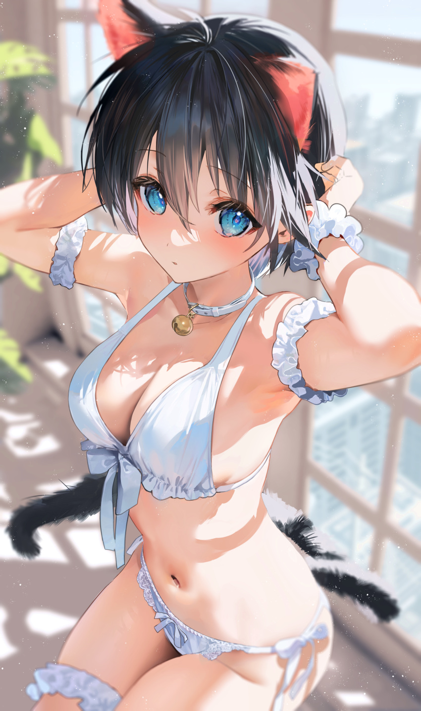 1girl absurdres adjusting_hair animal_ears arm_garter armpits arms_up bare_shoulders bell black_hair blue_eyes blurry blurry_background bra breasts bridal_garter cat_ears cat_tail cleavage collar commentary_request cowboy_shot depth_of_field frills front-tie_top genderswap genderswap_(mtf) groin hair_between_eyes hands_on_own_head highres houshin_engi indoors kemonomimi_mode lace lace-trimmed_panties lace_trim large_breasts lingerie looking_at_viewer mimoza_(96mimo414) navel neck_bell panties scrunchie short_hair side-tie_panties solo stomach sunlight taikoubou tail underwear underwear_only white_bra white_panties window wrist_scrunchie