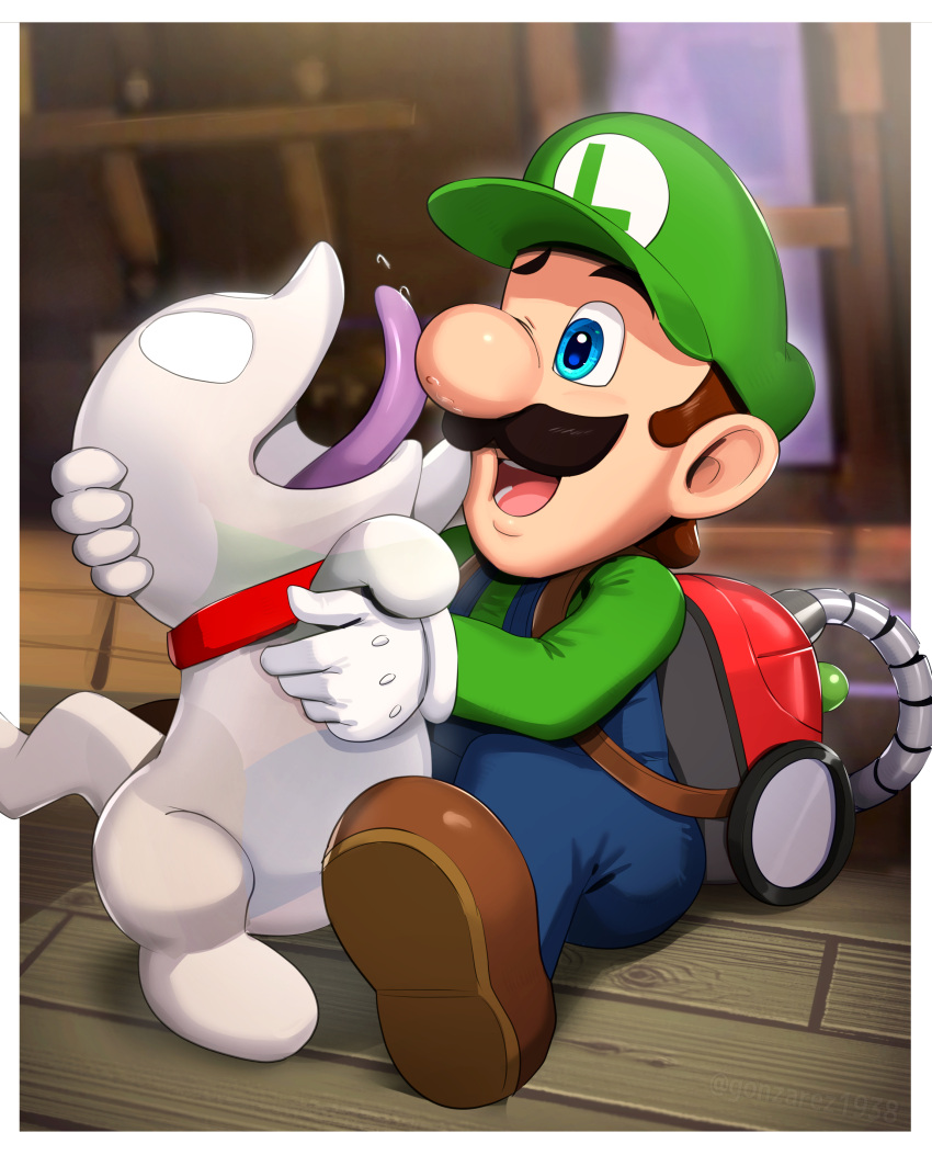1boy ;d absurdres backpack bag blue_eyes blue_overalls blurry blurry_background border brown_footwear brown_hair collar colored_tongue commentary_request dog facial_hair full_body ghost gloves gonzarez green_headwear green_shirt hat highres indoors licking long_sleeves luigi luigi's_mansion luigi's_mansion:_dark_moon mario_(series) mustache one_eye_closed open_mouth overalls poltergust_5000 polterpup purple_tongue red_collar shirt shoes short_hair sitting smile tongue tongue_out vacuum_cleaner white_border white_gloves wooden_floor