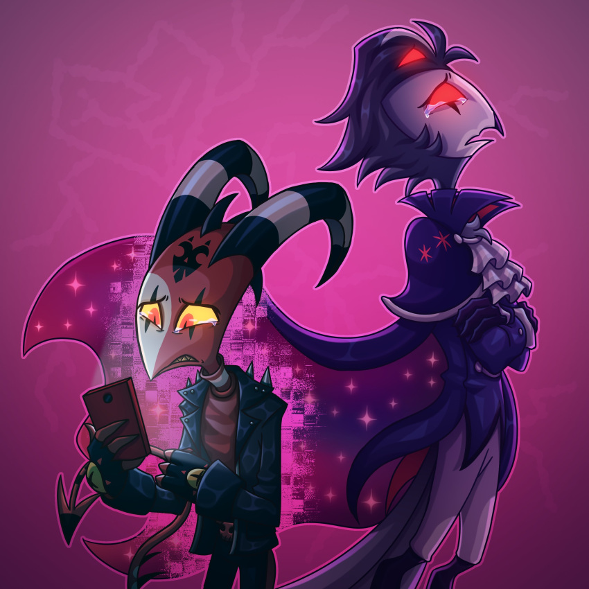 absurd_res anthro avian bird blitzo_(helluva_boss) bodily_fluids cape clothing crossed_arms crying depression duo formal_clothing formal_wear frown fur grey_body grey_fur grey_hair hair helluva_boss hi_res holding_object holding_phone horn imp jacket looking_up male owl owl_demon phone pink_background red_body red_clothing red_eyes red_shirt red_skin red_topwear sad sandystworm shirt short_hair simple_background standing stolas_(helluva_boss) tears topwear white_face yellow_eyes
