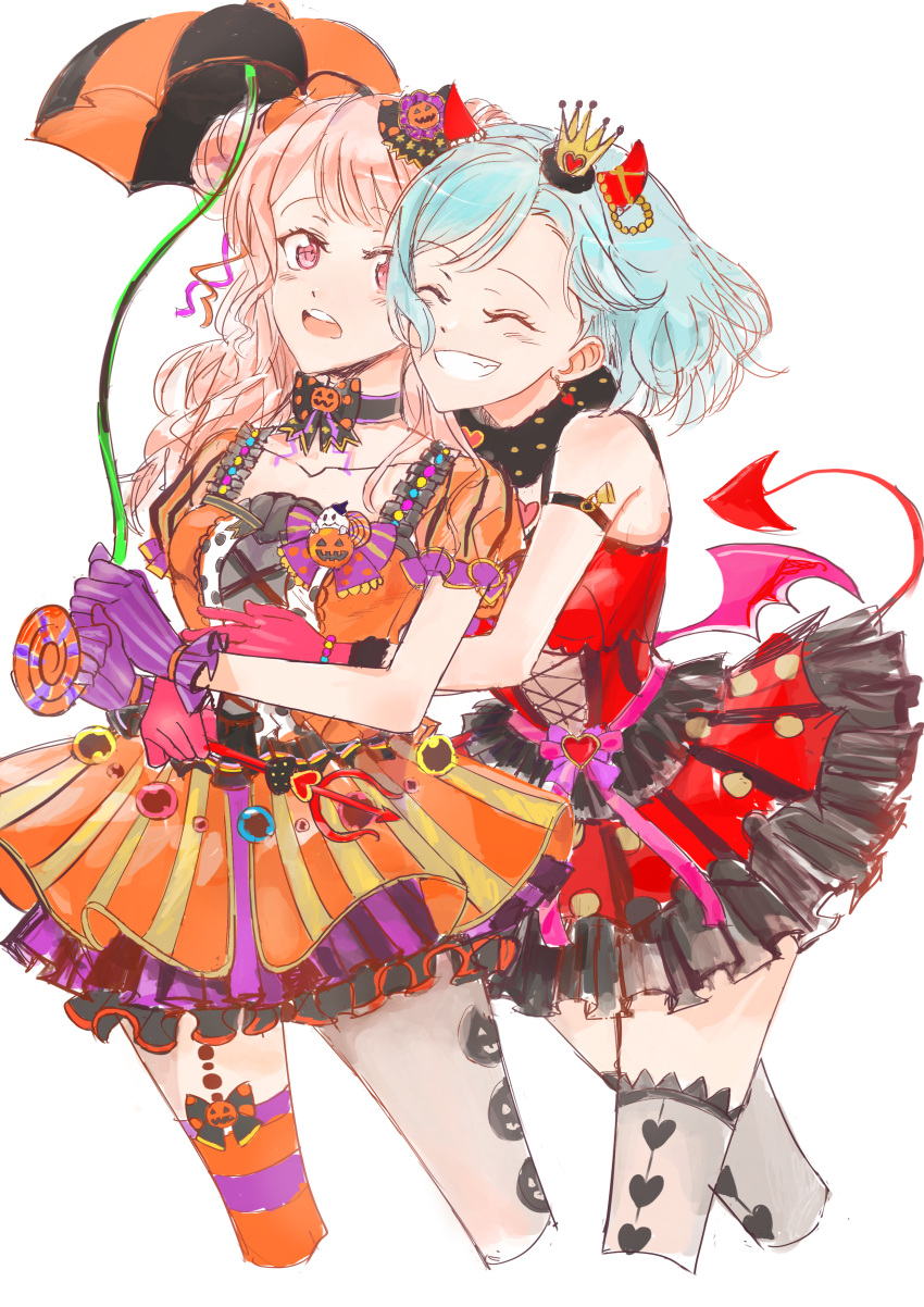 2girls absurdres aqua_hair bang_dream! black_thighhighs choker closed_eyes cross-laced_clothes cross-laced_dress crown demon_costume dress fake_horns fake_tail fake_wings food-themed_hair_ornament gloves grin hair_ornament halloween highres hikawa_hina holding holding_umbrella horns junjun_(kimi-la) long_hair maruyama_aya medium_hair mini_crown multiple_girls open_mouth orange_dress pink_eyes pink_gloves pink_hair pumpkin_hair_ornament purple_gloves red_dress sketch smile striped_leggings tail thighhighs umbrella wings