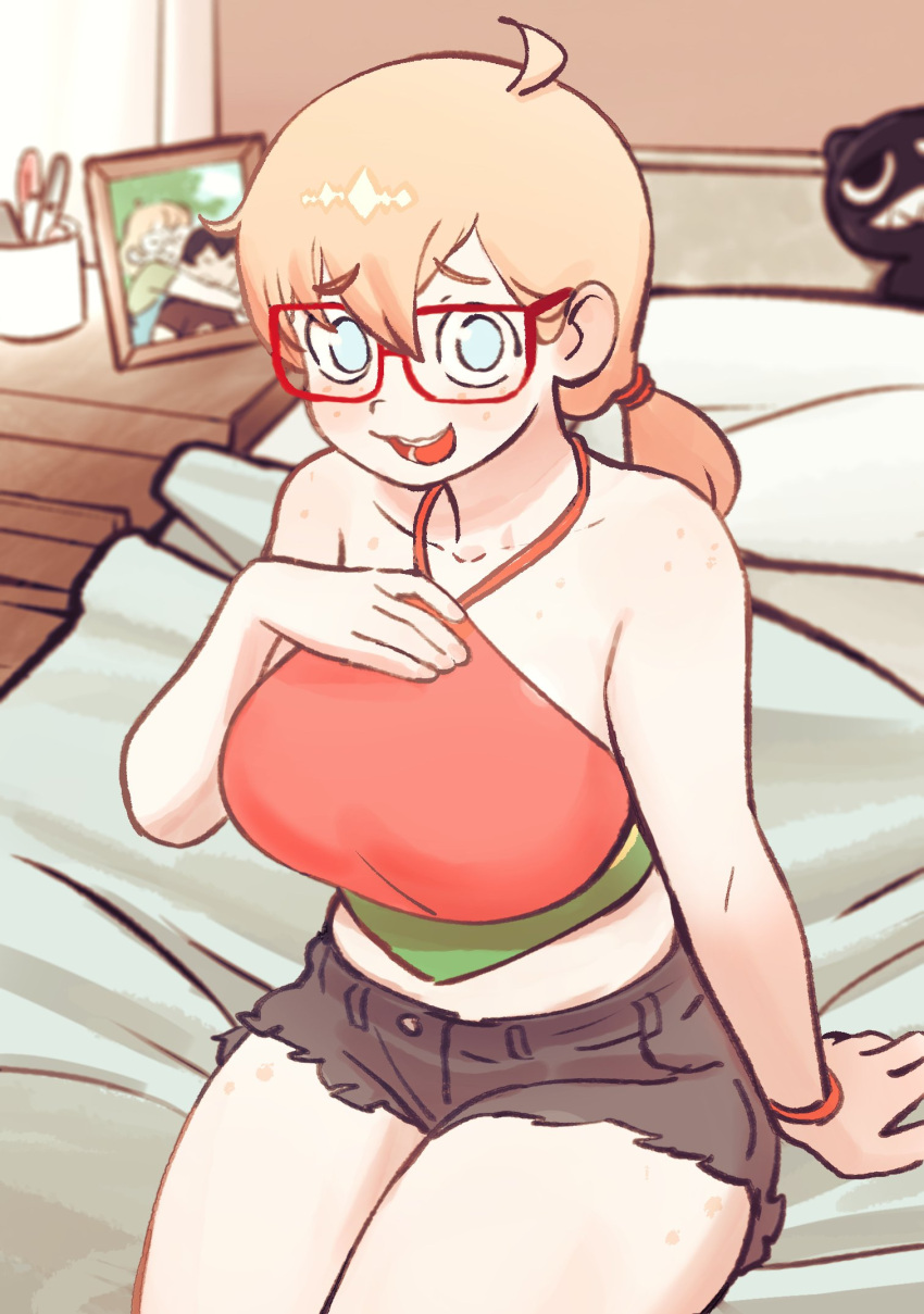 1girl ahoge arm_support bare_shoulders bed bed_sheet blue_eyes blurry breasts brown_shorts chest_of_drawers collarbone colo_(nagrolaz) commentary cosplay cowboy_shot crop_top cutoffs denim denim_shorts depth_of_field english_commentary framed_image freckles furrowed_brow glasses green_shirt hair_between_eyes halterneck hand_on_breasts highres indoors large_breasts light_brown_hair long_hair looking_at_viewer low_ponytail midriff multicolored_shirt nami_(one_piece) nami_(one_piece)_(cosplay) no_pupils on_bed one_piece one_piece:_strong_world open_mouth pen pen_holder photo_(object) pillow red-framed_eyewear red_shirt rita_(sweethex) shirt short_eyebrows shorts sitting smile solo stuffed_animal stuffed_toy sweethex teeth wavy_mouth wristlet