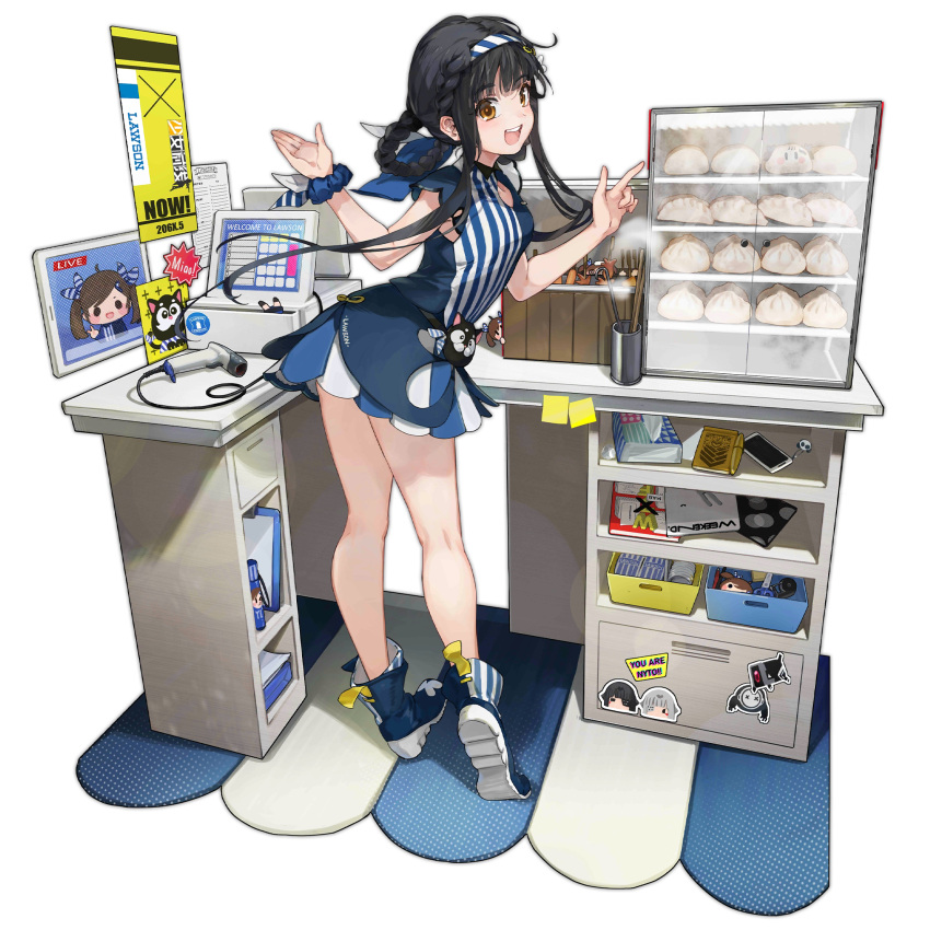 1girl adeline_(girls'_frontline) alina_(girls'_frontline) animal_bag baozi barcode_scanner black_hair blue_dress blue_footwear blue_hairband blue_scrunchie boots braid breasts cabinet cash_register cashier cat_bag cellphone cleavage_cutout clipboard clothing_cutout colored_shoe_soles company_name copyright_name counter dinergate_(girls'_frontline) dress english_text food food_art french_braid full_body girls'_frontline goliath_(girls'_frontline) griffin_&amp;_kryuger hairband highres index_finger_raised lawson leaning_forward legs long_hair looking_at_viewer looking_back medium_breasts no_socks notepad nyto_(girls'_frontline) official_alternate_costume official_art open_mouth paradeus phone qbu-88_(girls'_frontline) qbu-88_(morning_au_lait)_(girls'_frontline) sangvis_ferri scissors scrunchie shoe_soles shuzi simple_background sleeveless sleeveless_dress smartphone smile solo standing steam sticker sticky_note store_clerk striped striped_dress striped_footwear striped_hairband tablet_pc tako-san_wiener teeth tissue_box transparent_background upper_teeth_only vertical-striped_dress vertical-striped_footwear vertical_stripes white_hairband wrist_scrunchie yellow_eyes