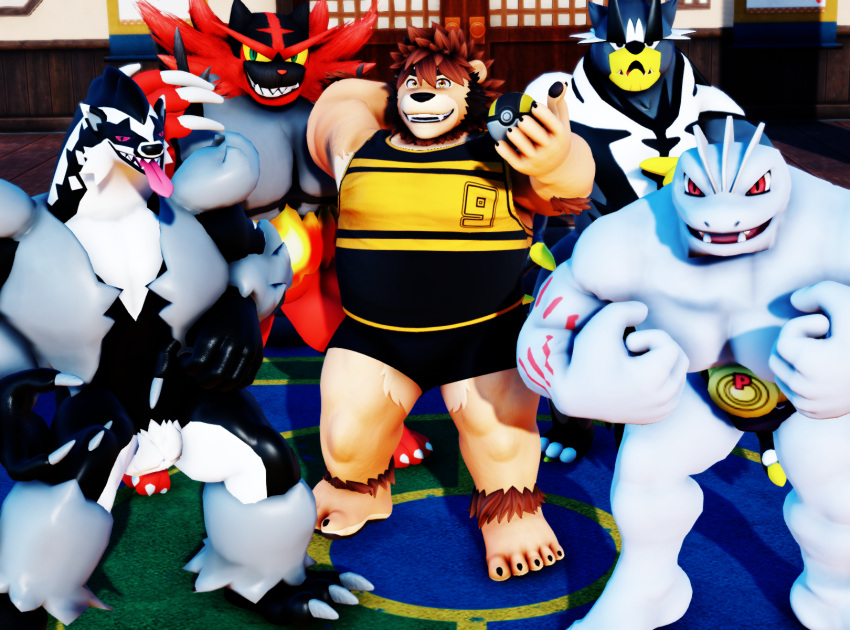 3d_(artwork) anthro black_body digital_media_(artwork) felid generation_1_pokemon generation_7_pokemon generation_8_pokemon group hi_res humanoid incineroar legendary_pokemon lion machoke male malicekira mammal mmd muscular muscular_anthro muscular_male nintendo obstagoon overweight overweight_male pantherine pokemon pokemon_(species) red_body ross_(rossciaco) single_strike_style_urshifu tongue tongue_out urshifu