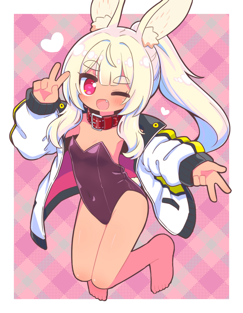 1girl ;d animal_ear_fluff animal_ears barefoot belt_collar blonde_hair blush collar commentary covered_navel double_v fang flat_chest full_body heart heart-shaped_pupils highleg highleg_leotard highres jacket knees_together_feet_apart leotard long_sleeves looking_at_viewer masurao_(sekaiju) masurao_2_(sekaiju) naga_u one_eye_closed open_mouth oversized_breast_cup pink_background pink_eyes ponytail puffy_long_sleeves puffy_sleeves purple_leotard rabbit_ears red_collar sekaiju_no_meikyuu sekaiju_no_meikyuu_5 smile solo strapless strapless_leotard symbol-shaped_pupils thick_eyebrows v white_jacket