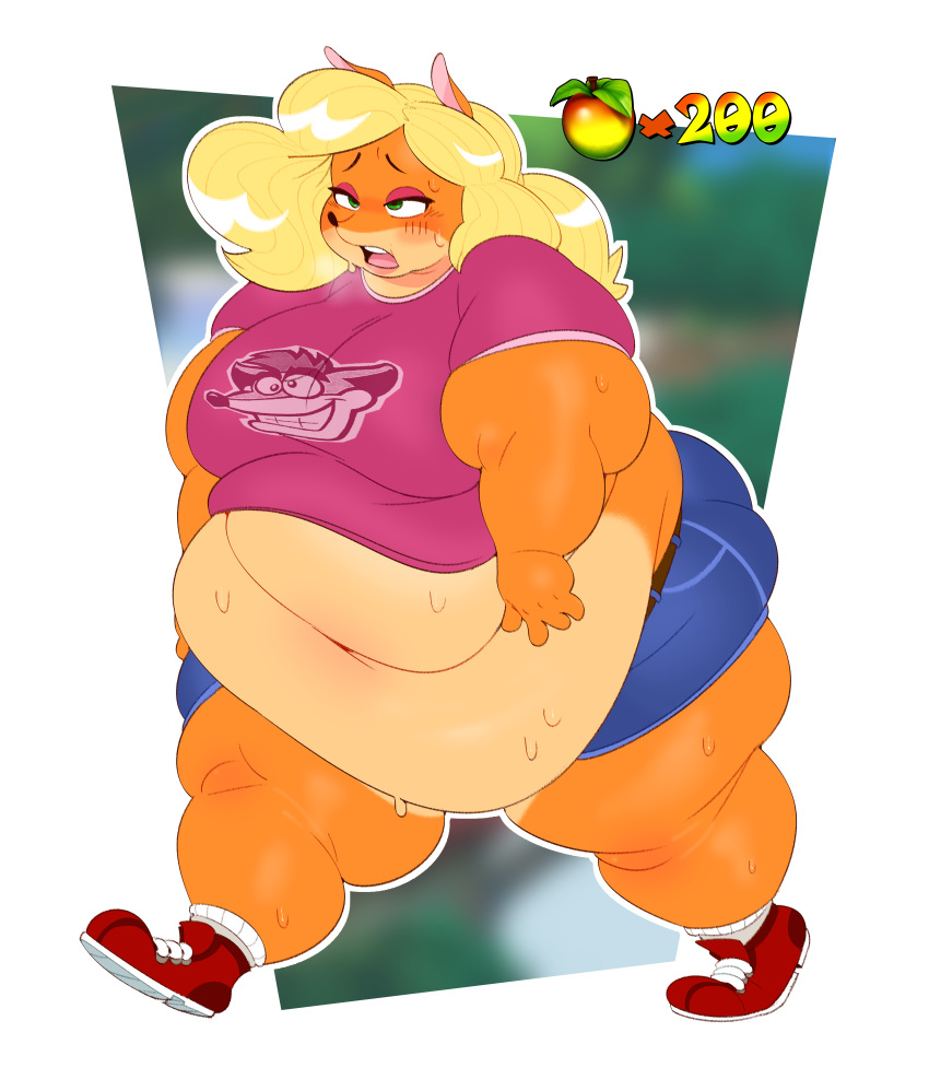 absurd_res activision anthro bandicoot belly big_belly black_nose blonde_hair blush bodily_fluids breasts breath clothed clothing crash_bandicoot_(series) fat_arms female food fruit green_eyes hair hi_res mammal marsupial mintrimo navel obese obese_anthro obese_female open_mouth overweight overweight_anthro overweight_female plant solo sweat sweaty_belly tawna_bandicoot wumpa_fruit