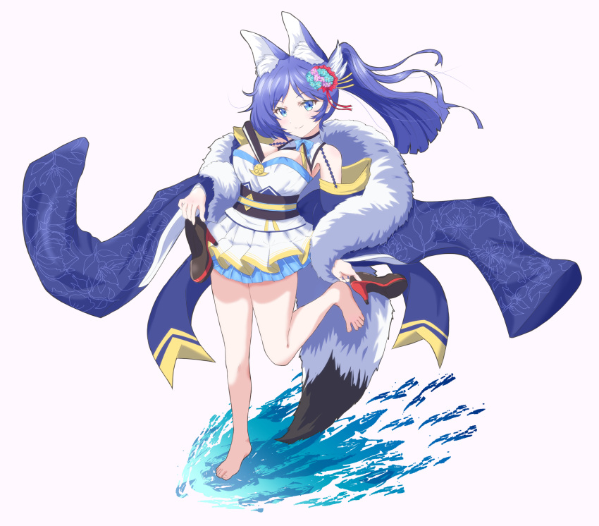 1girl animal_ear_fluff asymmetrical_hair azur_lane bare_legs barefoot between_breasts black_footwear blue_bow blue_bowtie blue_eyes blue_hair blue_robe blush bow bowtie breasts cleavage closed_mouth commentary_request commission detached_sleeves dress feet floral_print flower fur_trim hair_flower hair_ornament hand_up head_tilt highres holding ishi_(user_vcwg3733) jintsuu_(azur_lane) large_breasts legs long_hair long_sleeves looking_at_viewer pleated_dress purple_background red_footwear robe sash shadow shoes shoes_removed short_dress sidelocks simple_background sleeveless sleeveless_dress solo spread_toes standing standing_on_one_leg toenails toes white_dress