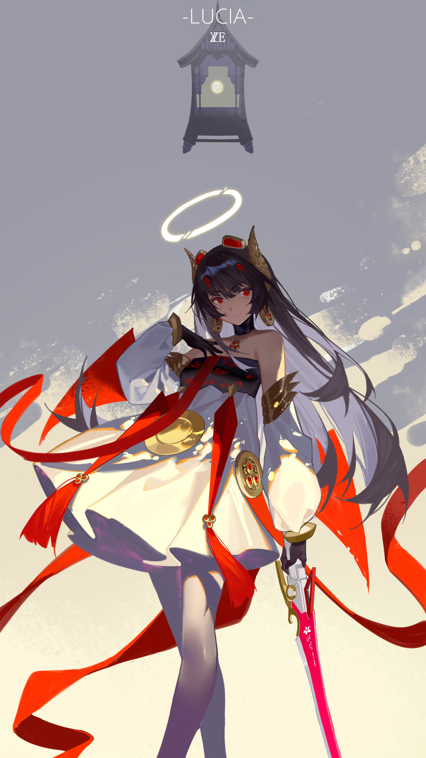 1girl absurdres bare_shoulders black_hair bracelet character_name chinese_clothes closed_mouth detached_sleeves dress earrings fake_horns hair_ornament halo highres holding holding_sword holding_weapon horns jewelry long_hair lucia_(punishing:_gray_raven) necklace pantyhose punishing:_gray_raven red_eyes sword weapon white_dress white_pantyhose white_sleeves xe367
