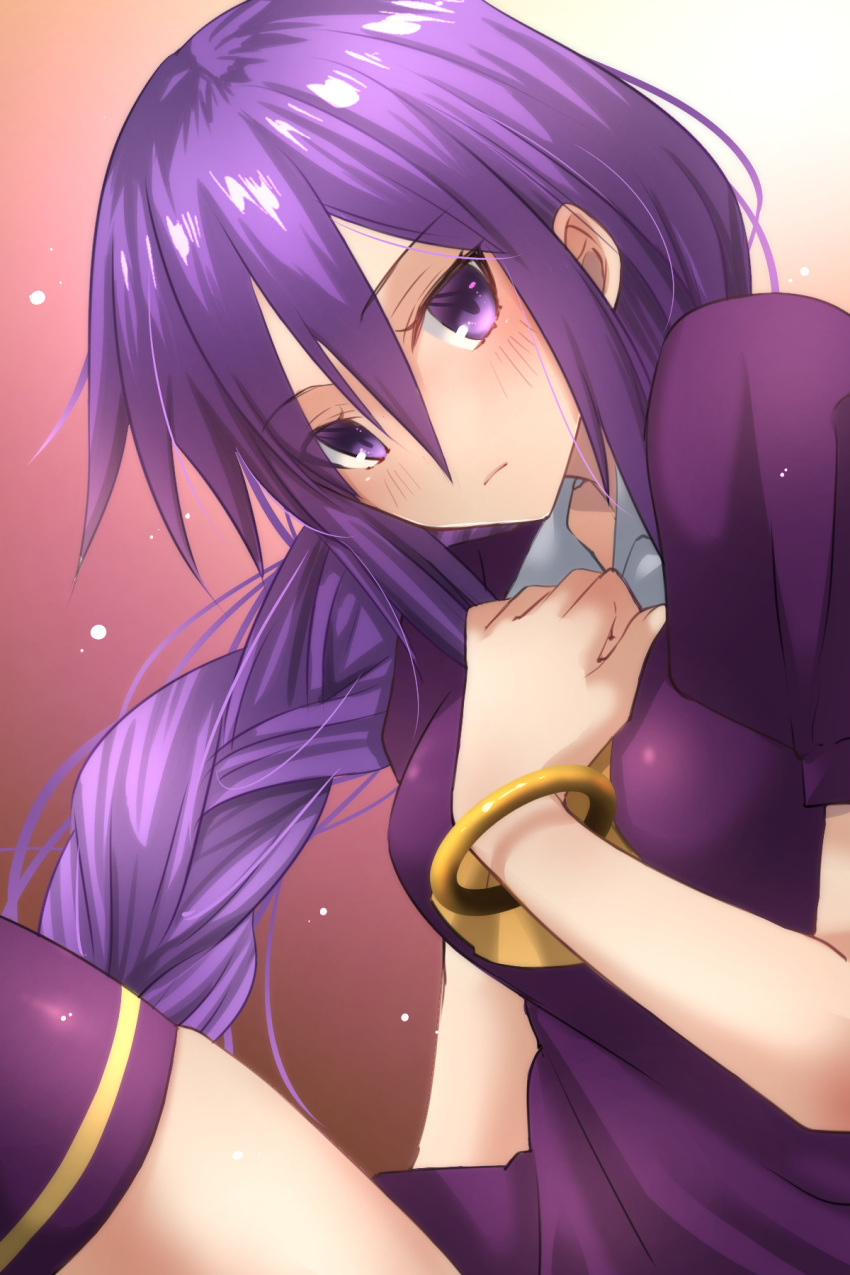 1girl blush braid braided_ponytail breasts closed_mouth commentary_request hair_between_eyes hand_on_own_chest highres long_hair looking_at_viewer medium_breasts melty_blood puffy_short_sleeves puffy_sleeves purple_eyes purple_hair purple_thighhighs short_sleeves sion_eltnam_atlasia solo thighhighs tsukihime vent_vert_(kuuya) very_long_hair