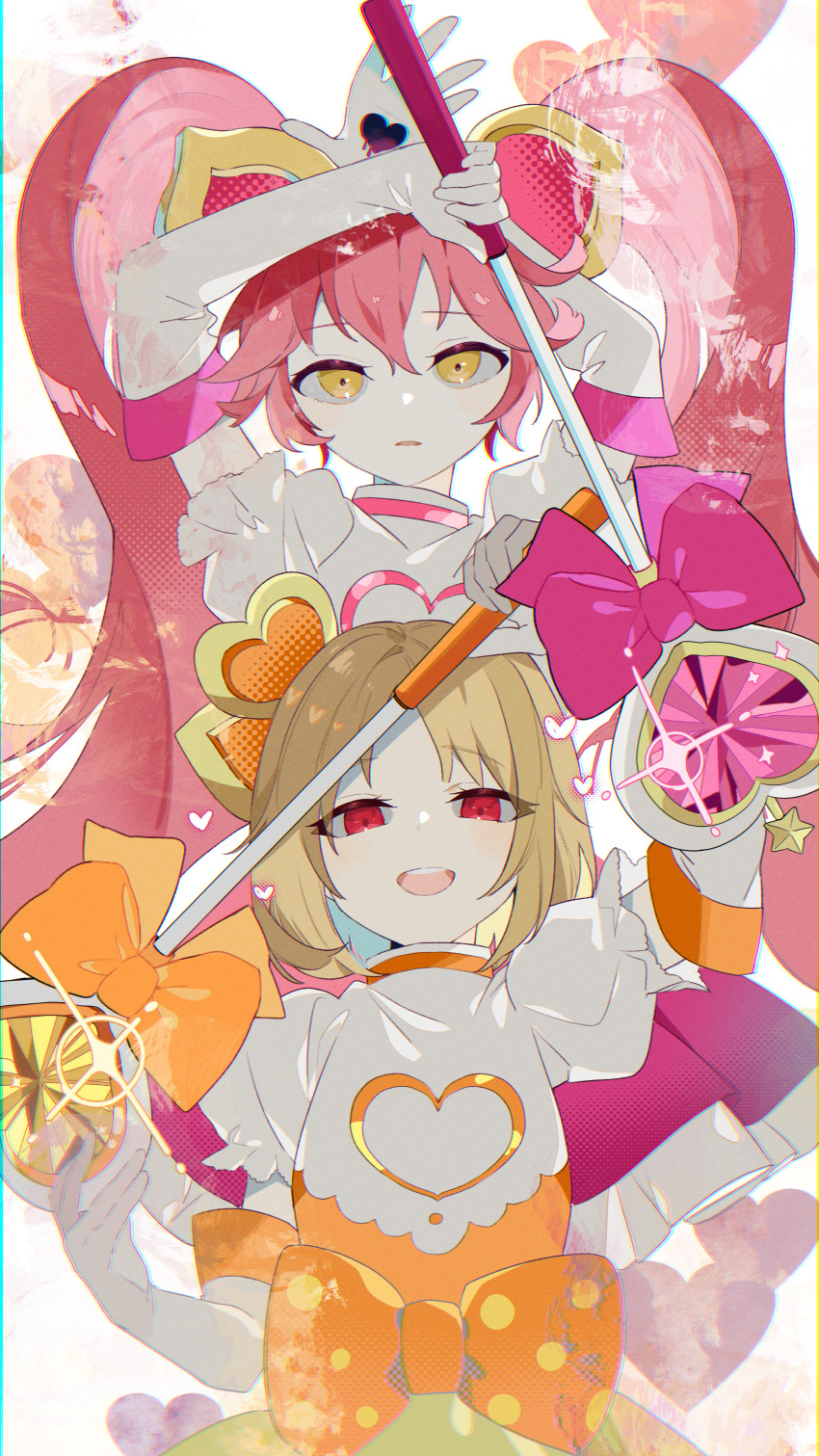 #compass 2girls absurdres blonde_hair border bow elbow_gloves empty_eyes front_bow frown gloves hair_ornament high-waist_skirt highres holding holding_staff looking_at_viewer magical_girl multiple_girls omutatsu open_mouth orange_bow orange_skirt pink_hair polka_dot puffy_short_sleeves puffy_sleeves red_eyes ririka_(#compass) ruruka_(#compass) shirt short_hair short_sleeves simple_background skirt smile staff twintails white_background white_gloves white_shirt yellow_eyes