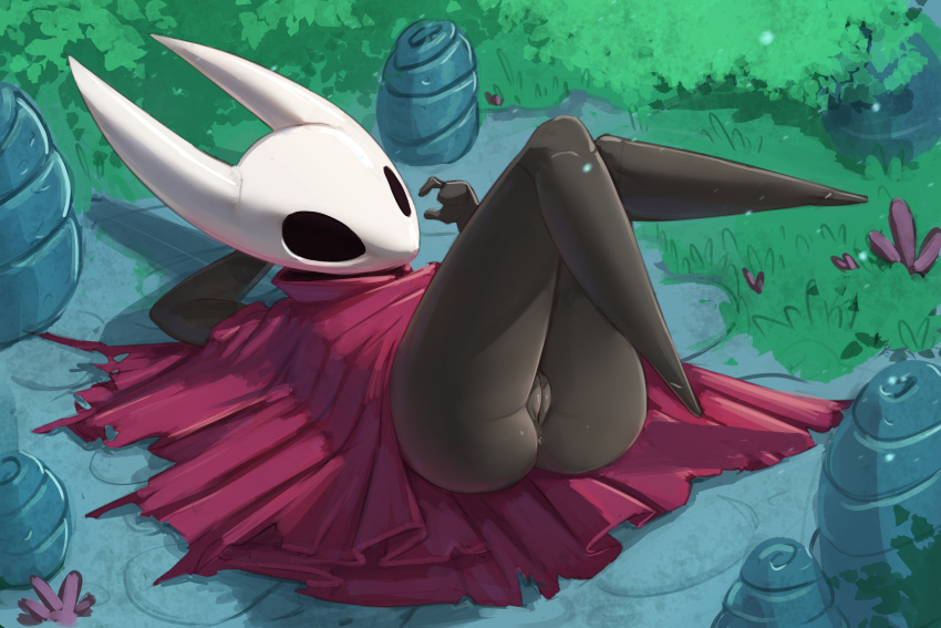 anthro arthropod black_body black_eyes bottomless butt cloak_only clothed clothing female gekasso genitals grass hi_res hollow_knight hornet_(hollow_knight) insect legs_up lying mask on_back plant pussy solo team_cherry