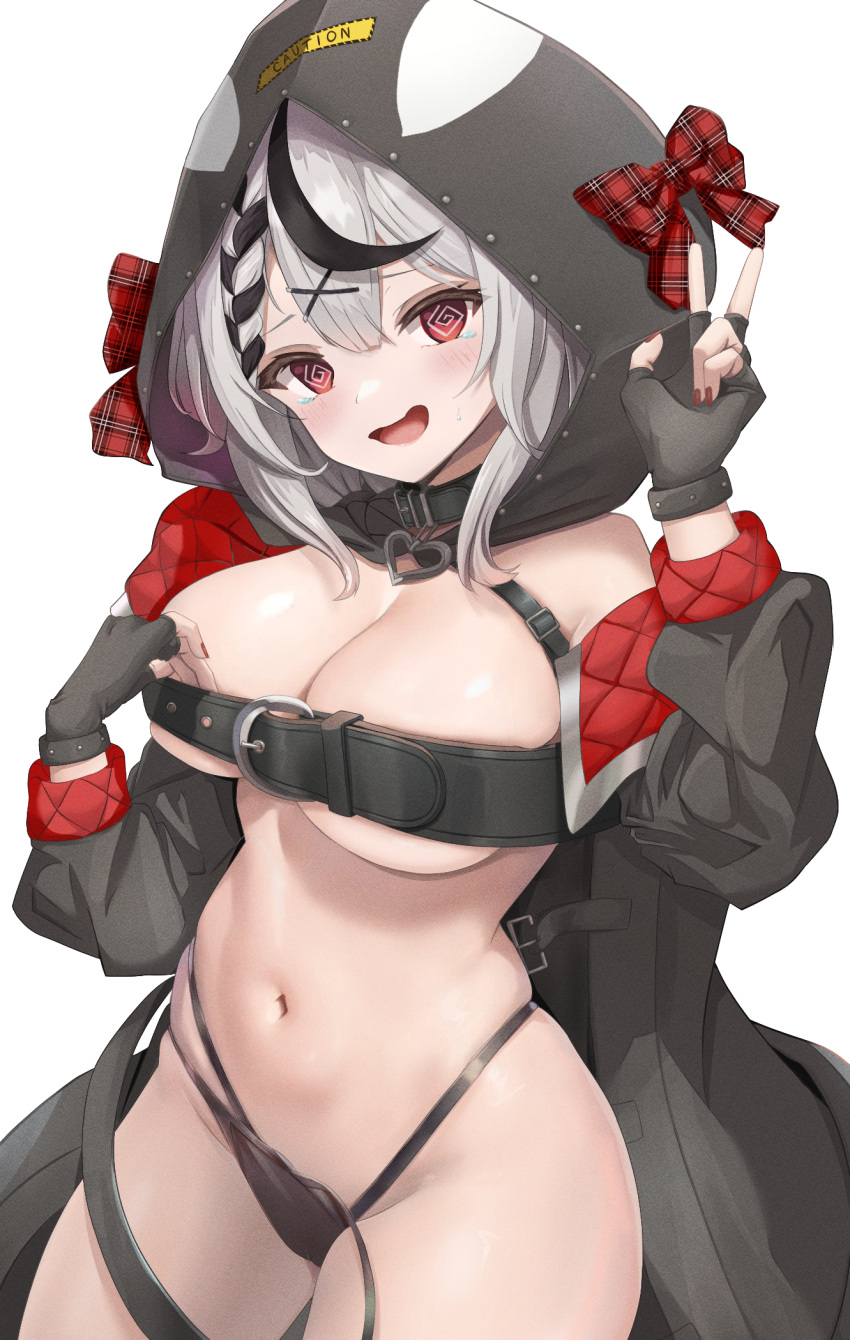 1girl @_@ animal_hood belt_bra bikini bikini_bottom_only black_coat black_gloves black_hair bow braid breast_strap breasts chest_belt coat collar commentary_request fingerless_gloves gloves grey_hair hair_ornament heart_collar highres hololive hood hood_up large_breasts looking_at_viewer medium_hair midriff multicolored_hair navel nekonosuke off_shoulder open_mouth orca_hood plaid plaid_bow red_bow red_eyes red_nails sakamata_chloe sakamata_chloe_(1st_costume) side-tie_bikini_bottom skindentation solo standing stomach streaked_hair swimsuit unmoving_pattern v virtual_youtuber white_background x_hair_ornament