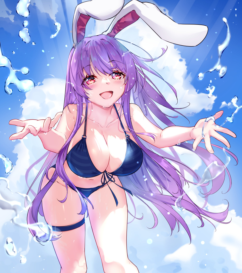 1girl absurdres animal_ears bikini blue_bikini blue_sky breasts cleavage cloud cloudy_sky commentary day diving_penguin english_commentary feet_out_of_frame halterneck highres large_breasts leaning_forward long_hair looking_at_viewer open_mouth outstretched_arms purple_hair rabbit_ears rabbit_girl red_eyes reisen_udongein_inaba sky smile solo splashing string_bikini swimsuit thigh_strap touhou underwear very_long_hair