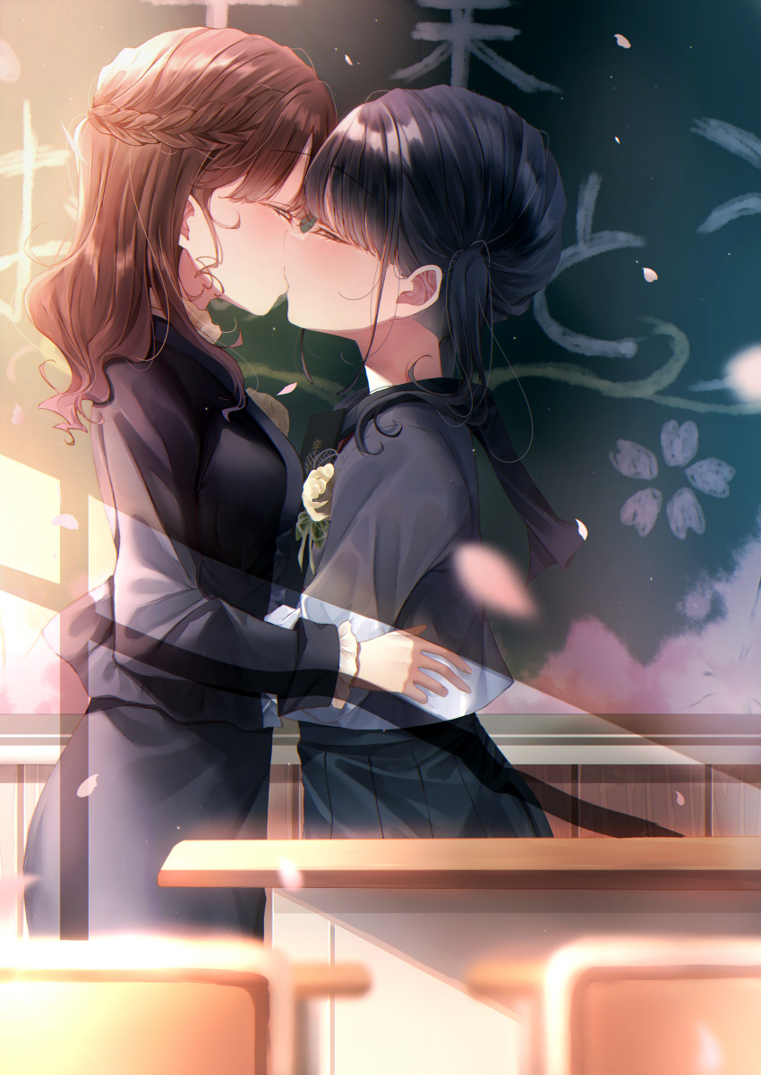 2girls absurdres age_difference black_hair brown_hair chalkboard classroom graduation height_difference highres kiss multiple_girls original school school_uniform teacher teacher_and_student touki_matsuri uniform yuri