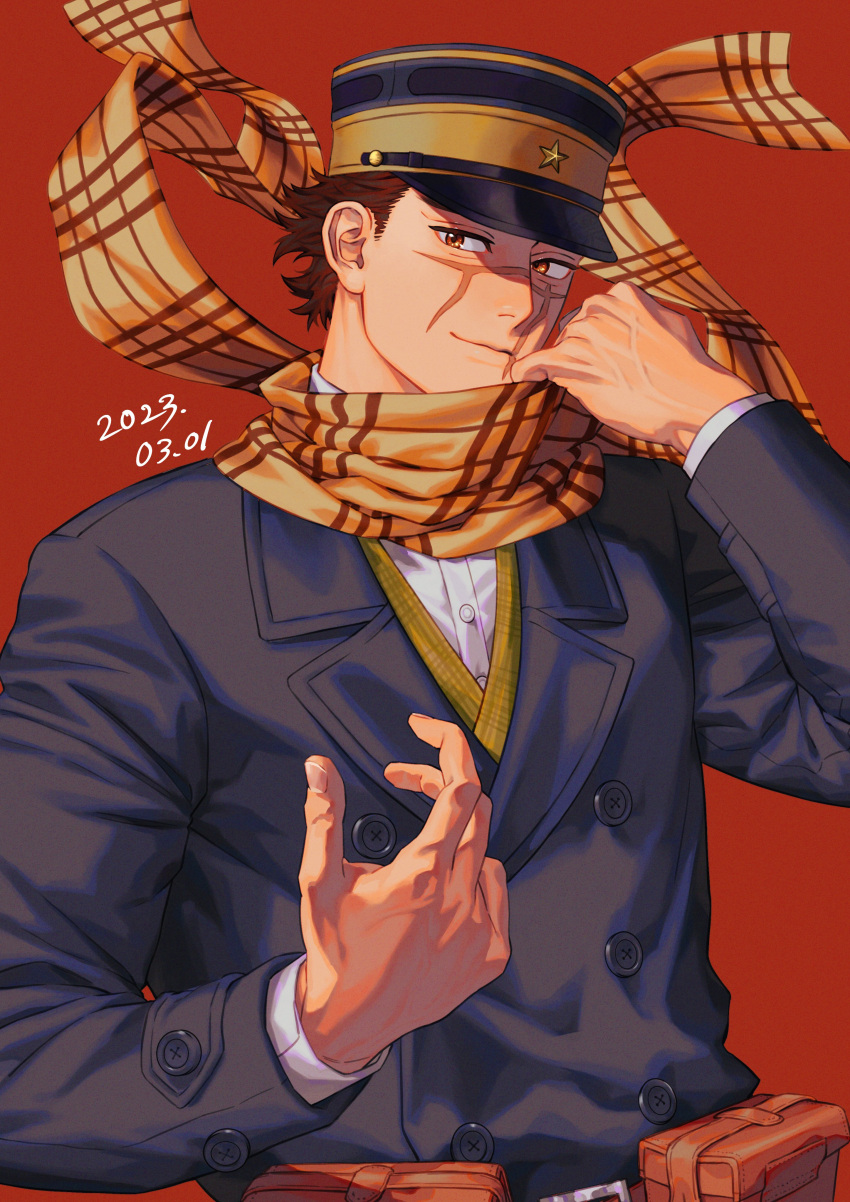 1boy absurdres adjusting_scarf blue_coat brown_eyes buttons coat dated floating_hair golden_kamuy hand_up hat highres hnd_rkj imperial_japanese_army kepi long_sleeves looking_at_viewer male_focus military_hat orange_background scar scar_on_cheek scar_on_face scar_on_nose scarf short_hair sideburns_stubble smile solo spiked_hair sugimoto_saichi upper_body yellow_scarf