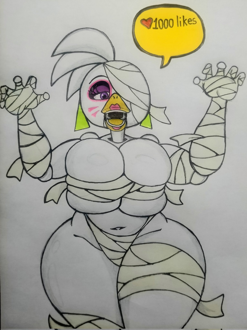 &lt;3 animatronic anthro avian bandage big_breasts bird breasts cheek_markings chicken clothed clothing ear_piercing ear_ring eyeshadow facial_markings female five_nights_at_freddy's five_nights_at_freddy's:_security_breach galliform gallus_(genus) glamrock_chica_(fnaf) head_markings hi_res looking_at_viewer machine makeup markings mrchinoart mummy mummy_wrappings narrowed_eyes open_mouth phasianid piercing purple_eyes ring_piercing robot scottgames skimpy solo speech_bubble steel_wool_studios teeth thick_thighs traditional_media_(artwork) undead white_body