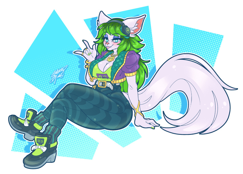 abstract_background anthro big_breasts bling blue_eyes blush bottomwear breasts canid canine clothing crossed_legs female fox fur green_bottomwear green_clothing green_hair green_pants hair hi_res long_hair mammal pants salt_(paladins) sketchytodd solo white_body white_fur yoga_pants