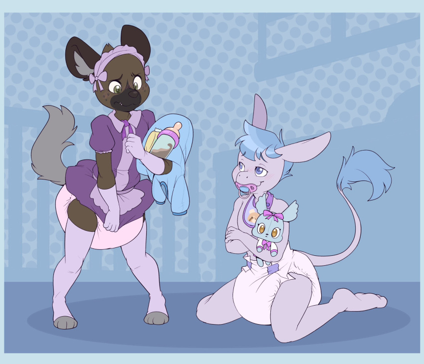 2023 accessory aggretsuko anthro asinus baby_bottle bib blue_eyes blue_hair blush bow_ribbon brown_body brown_fur clean_diaper clothed clothing crossdressing cuddlehooves diaper digital_media_(artwork) donkey dress duo embarrassed equid equine fur girly gloves grey_body grey_fur haida_(aggretsuko) hair handwear headband hi_res hyena infantilism legwear male mammal manaka_(aggretsuko) pacifier plushie sanrio tadano_(aggretsuko) thigh_highs toeless_thigh_highs