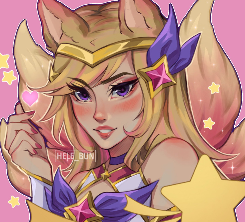 1girl ahri_(league_of_legends) animal_ears artist_name bare_shoulders blonde_hair blush fox_ears grin hair_ornament hand_up hele_bun highres league_of_legends long_hair long_sleeves pink_background pink_nails portrait purple_eyes smile solo star_(symbol) star_guardian_(league_of_legends) star_guardian_ahri teeth