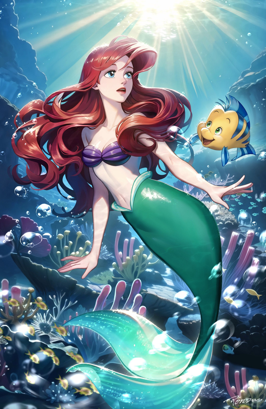 1girl absurdres ariel_(disney) bare_shoulders blue_eyes breasts cleavage earrings fins fish fish_tail flounder_(the_little_mermaid) highres jewelry long_hair looking_up mermaid midriff monster_girl open_mouth ponsu_(ponzuxponzu) red_hair red_lips shell shell_bikini shell_earrings small_breasts split_tail tail the_little_mermaid underwater