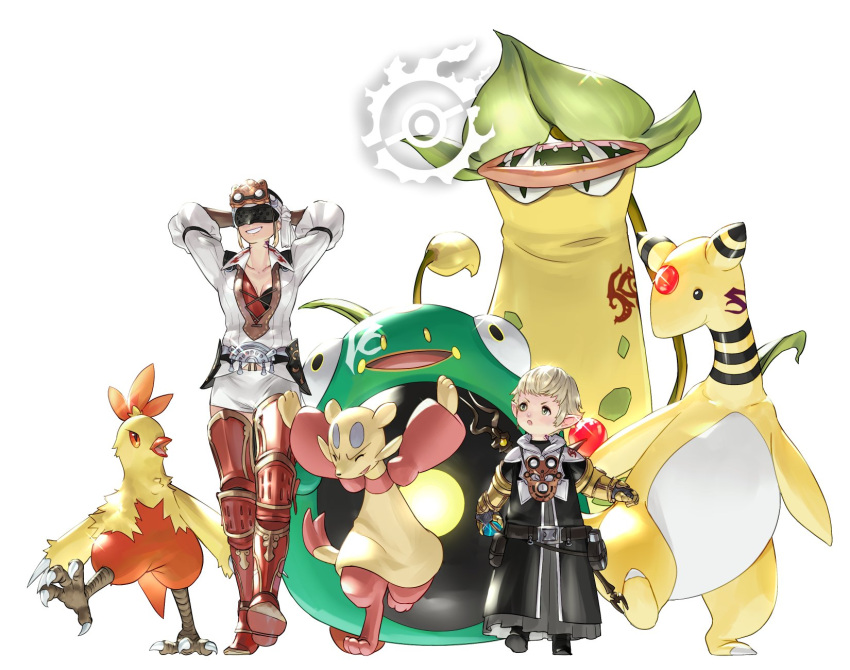 1boy 1girl ampharos armored_boots armored_gloves arms_behind_head bellibolt black_robe blonde_hair boots breasts cleavage combusken crossover final_fantasy final_fantasy_xiv green_eyes grin highres hyur lalafell mask mienfoo monocle papalymo_totolymo pokemon potion_lilac robe short_hair simple_background smile thigh_boots victreebel white_background yda_hext