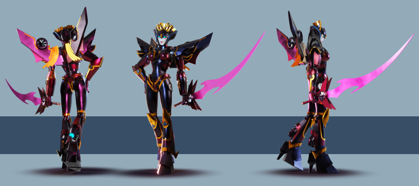 3d absurdres ass autobot billnguyen1411 blender_(medium) blue_eyes breasts energy_sword glowing glowing_eyes hand_on_own_hip high_heels highres mecha mechanical_wings medium_breasts metal_skin multiple_views robot robot_girl sword transformers transformers_prime turnaround weapon windblade wings