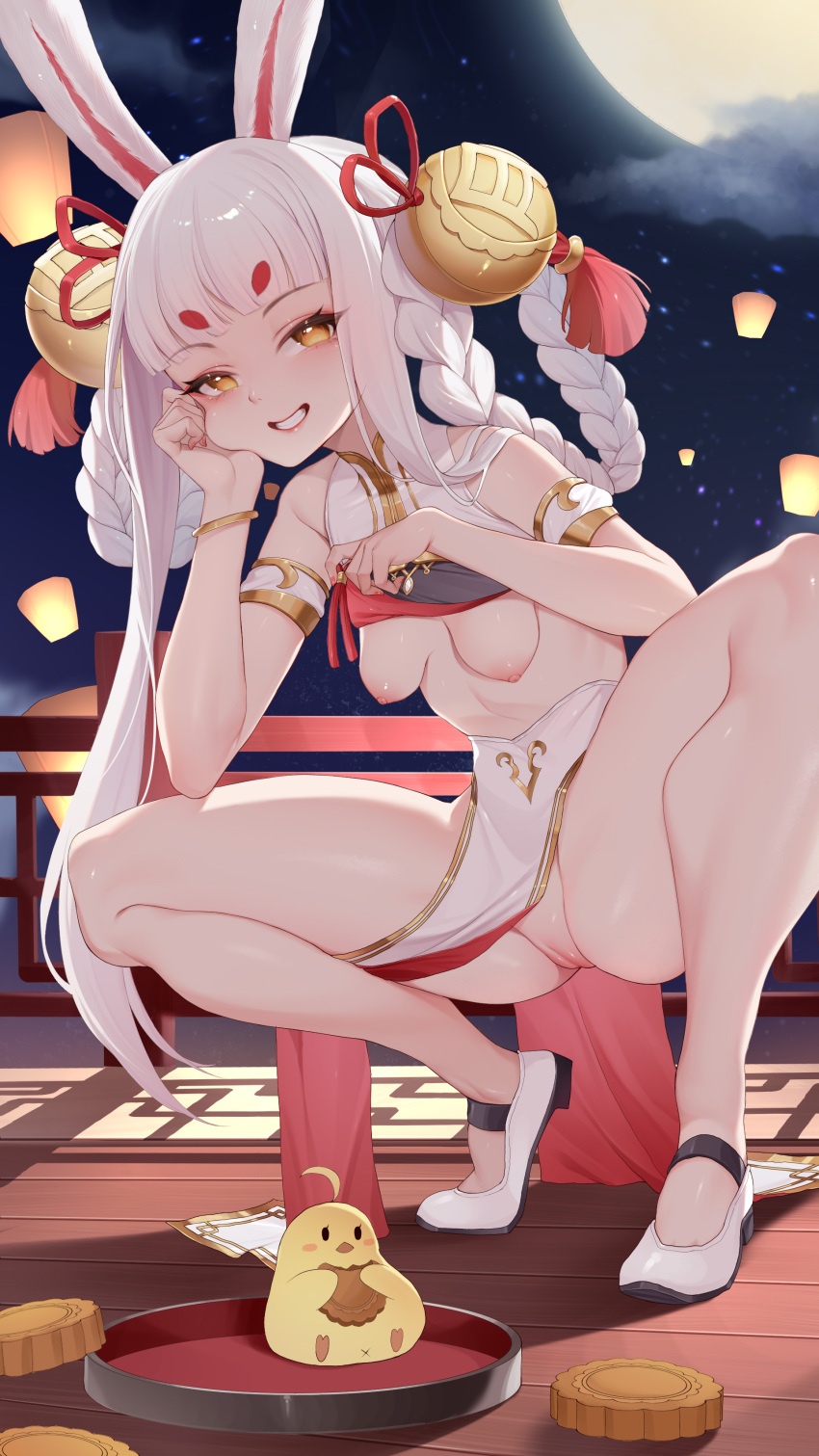 1girl absurdres animal_ears arm_on_knee azur_lane bare_legs bare_shoulders bell blush bottomless braid breasts clothes_lift clothes_pull clothing_aside dress dress_aside dress_pull elbow_on_knee exhibitionism full_body full_moon grin hair_bell hair_ornament hair_rings half-closed_eyes hand_on_own_cheek hand_on_own_face head_rest high_heels highres kanon_(sinto) leaning_forward leg_hold legs lifted_by_self midriff moon nail_polish naughty_face navel night night_sky nipples no_bra no_panties outdoors pink_nails public_indecency pulled_by_self pussy rabbit_ears rabbit_girl shimakaze_(azur_lane) shimakaze_(clumsy_moon_rabbit)_(azur_lane) shirt shirt_lift sideless_outfit sky sleeveless sleeveless_shirt small_breasts smile solo spread_legs squatting teasing thighs tiptoes twin_braids uncensored upskirt white_hair yellow_eyes