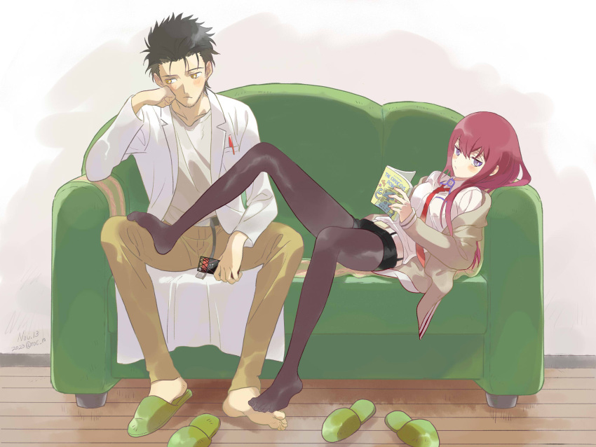 1boy 1girl belt black_hair black_shorts blush book brown_eyes brown_jacket brown_pantyhose coat collarbone collared_shirt couch dated feet foot_up full_body hair_between_eyes highres holding indoors jacket knee_up lab_coat lying makise_kurisu necktie no_shoes okabe_rintarou on_couch open_clothes open_coat open_jacket pantyhose pantyhose_under_shorts purple_eyes red_hair red_necktie rocni shirt short_hair short_shorts shorts sidelocks signature sitting slippers steins;gate toenails toes white_belt wooden_floor