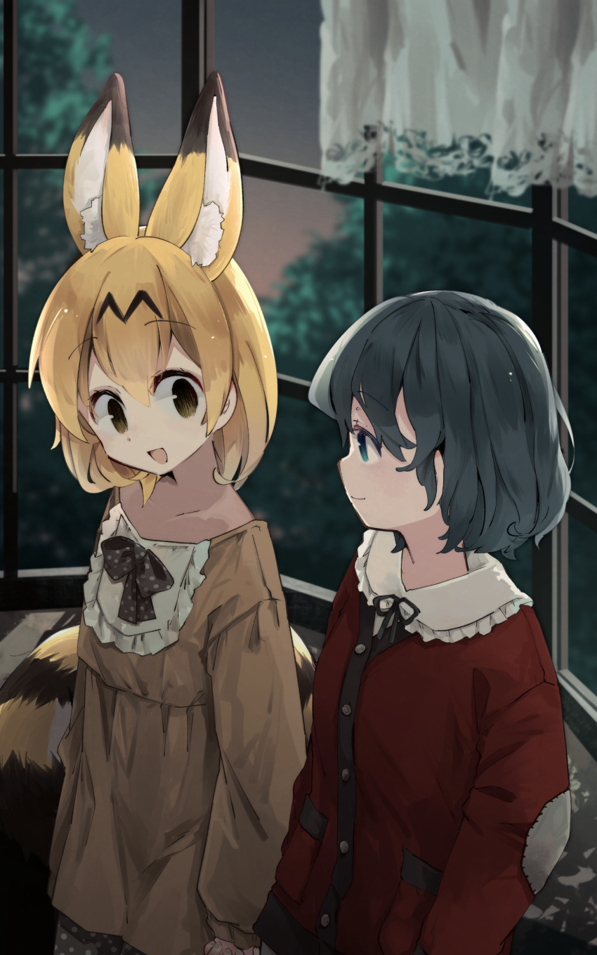 2girls alternate_costume animal_ears black_bow black_bowtie black_hair blonde_hair blue_eyes blush bow bowtie cat_ears cat_girl cat_tail collar commentary_request extra_ears frilled_collar frills highres kaban_(kemono_friends) kemono_friends long_sleeves looking_at_another multiple_girls nanana_(nanana_iz) night pajamas red_pajamas serval_(kemono_friends) short_hair tail yellow_eyes yellow_pajamas