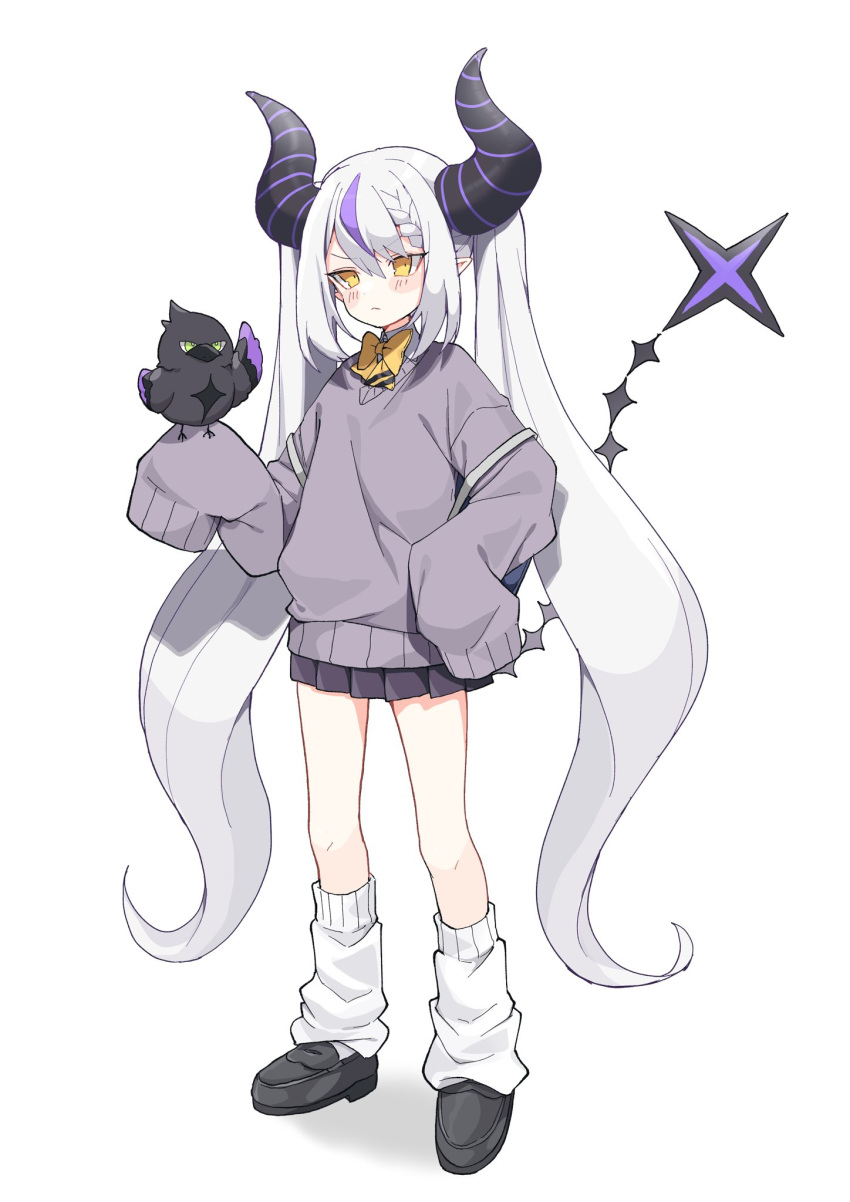 ahoge black_horns bow bowtie braid braided_bangs crow_(la+_darknesss) grey_hair highres hololive horns la+_darknesss long_hair multicolored_hair pointy_ears purple_hair sentouryoku_5 sleeves_past_fingers sleeves_past_wrists streaked_hair striped_horns sweater twintails very_long_hair yellow_bow yellow_bowtie yellow_eyes
