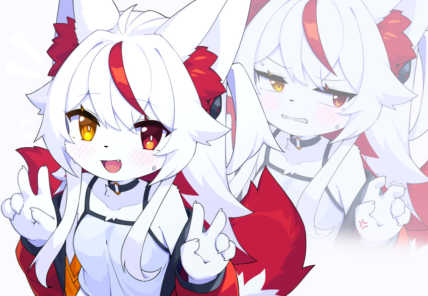 2023 2_tails 5_fingers anthro blush breasts canid canine choker claws cute_fangs devil-vox digital_media_(artwork) double_v_sign female female_anthro finger_claws fingers fox fur gesture hair heterochromia hi_res jewelry kemono knia_(devil-vox) looking_at_viewer mammal multi_tail necklace open_mouth small_breasts solo tail tongue v_sign